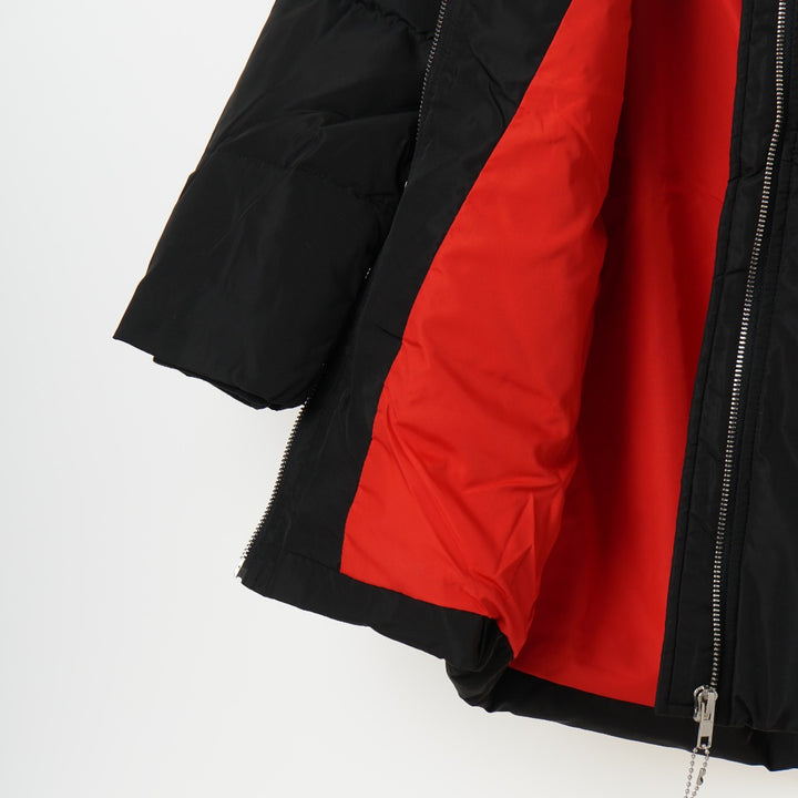 Hooded, Black, Heavily padded jacket. Front zipper, long sleeves and large front pocket. 