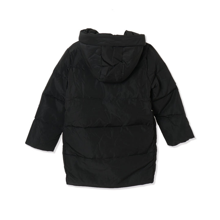 Hooded, Black, Heavily padded jacket. Front zipper, long sleeves and large front pocket. 