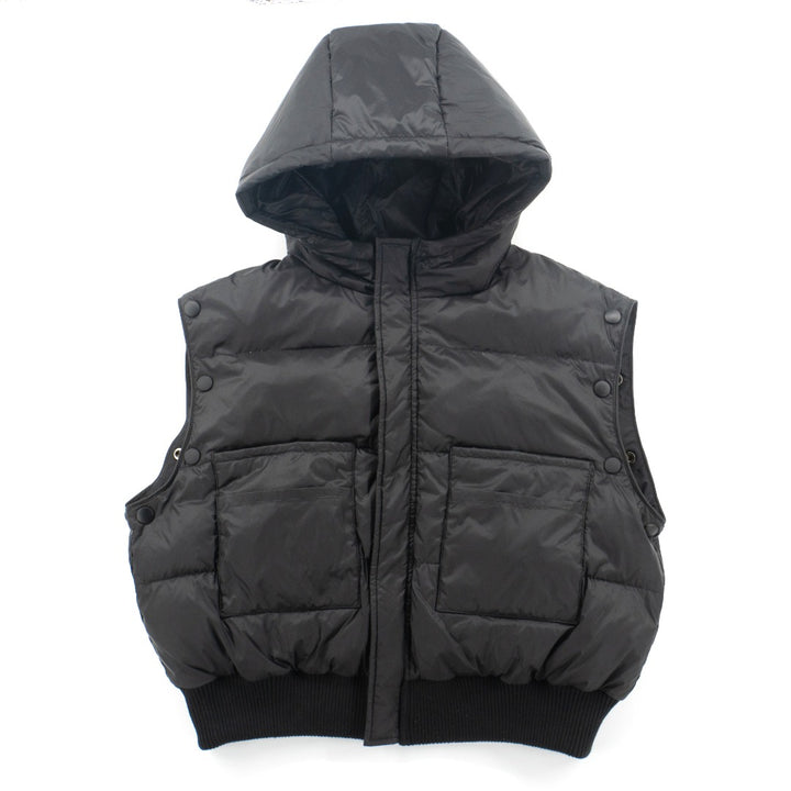  Black color, snap button-detachable-sleeve jacket. Hooded, double front pockets, zipper fastening. Rib knit cuffs, waist band for proper protection. 