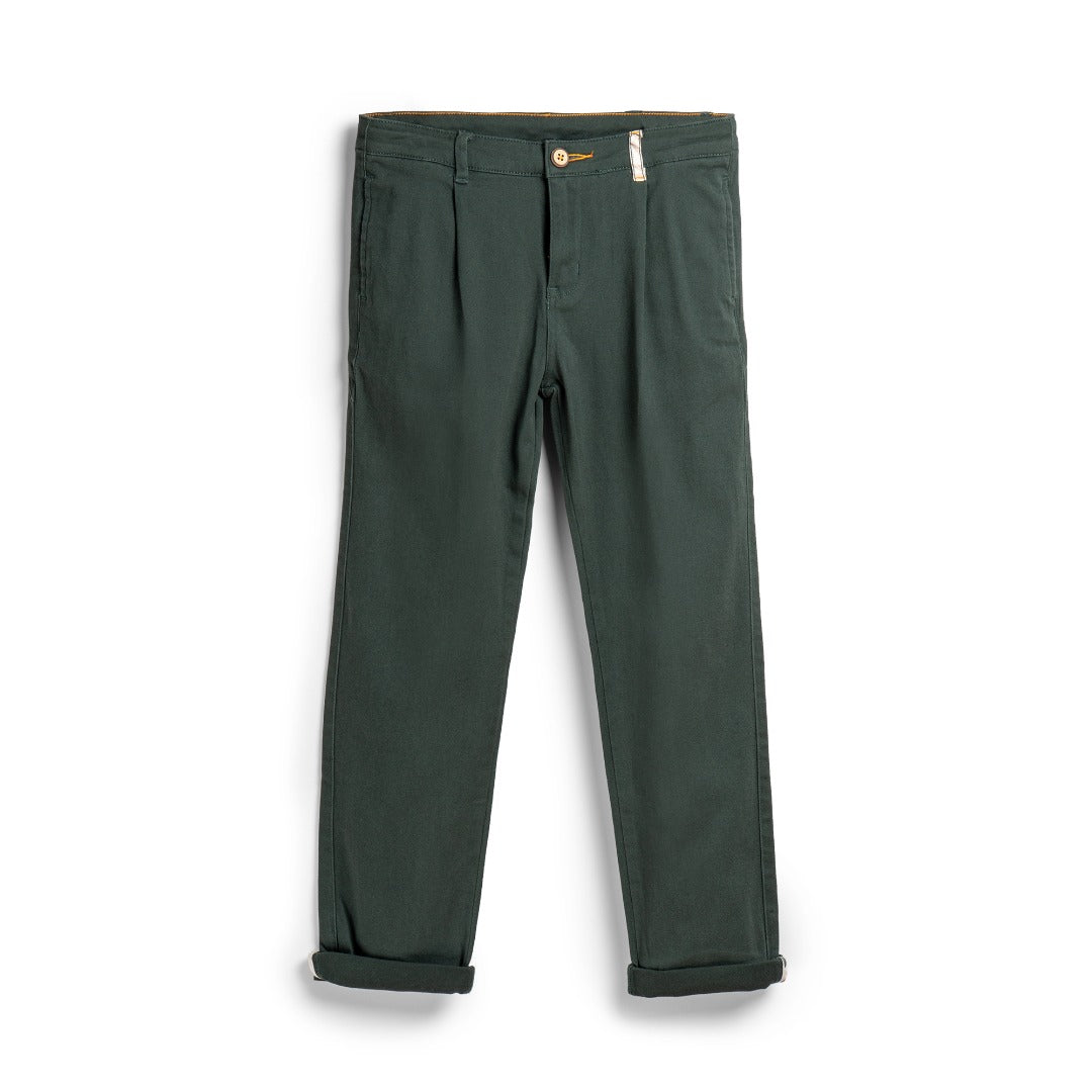 Pine green straight trousers, front pockets, buttoned pockets. Poney logo attached at the back. 