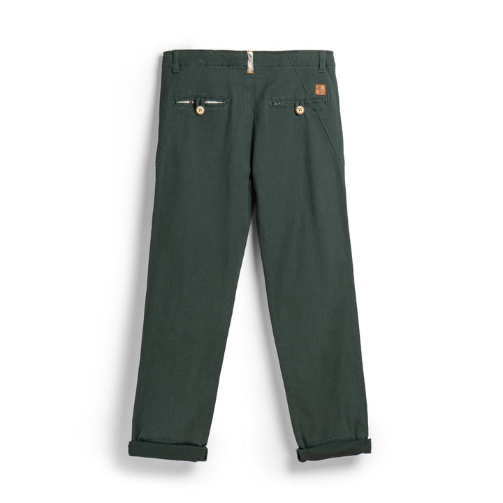 Pine green straight trousers, front pockets, buttoned pockets. Poney logo attached at the back. 