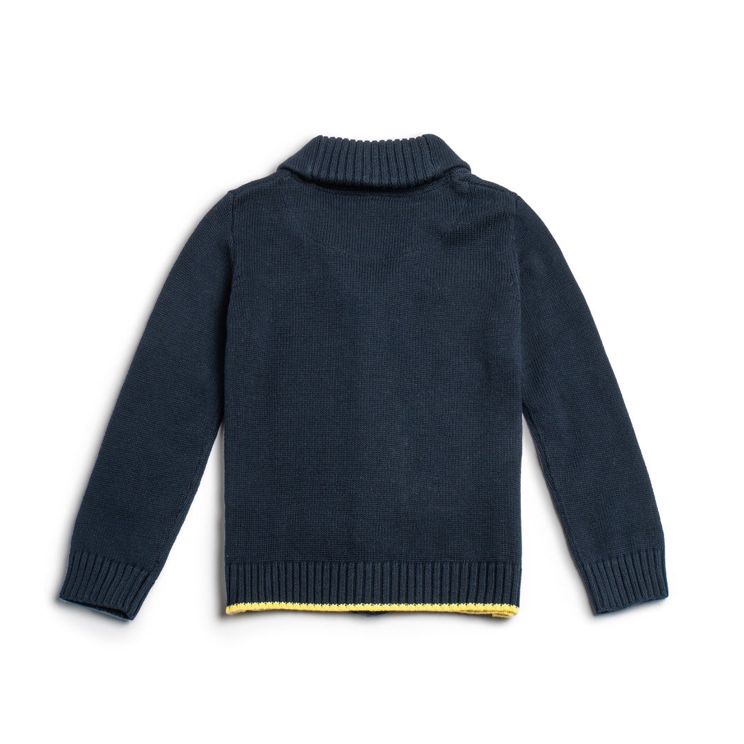 Navy Colour, Mariner Cardigan, white and blue stripe body, yellow rib-knit hem line. blue rib knit cuffs and neckband.