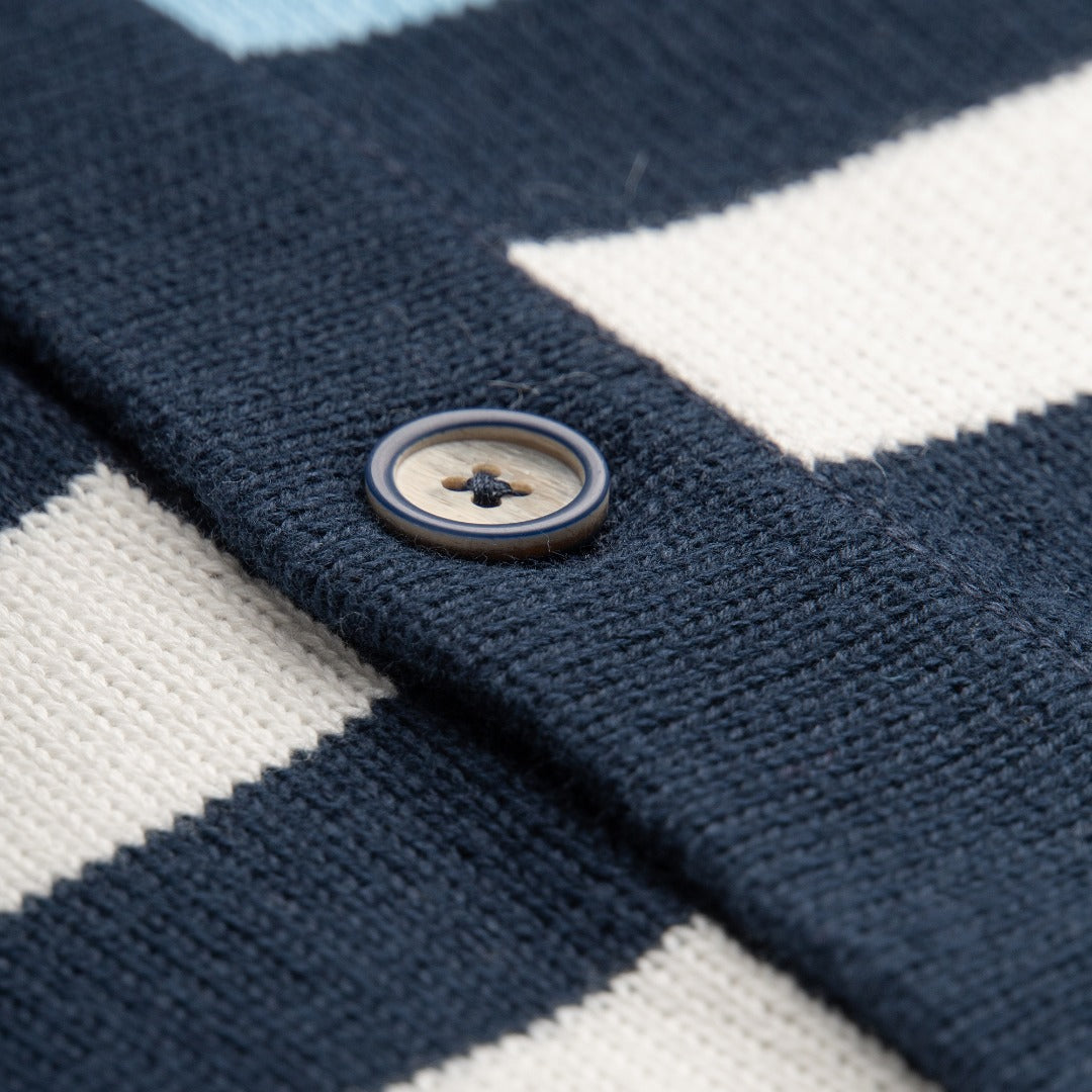 Navy Colour, Mariner Cardigan, white and blue stripe body, yellow rib-knit hem line. blue rib knit cuffs and neckband.