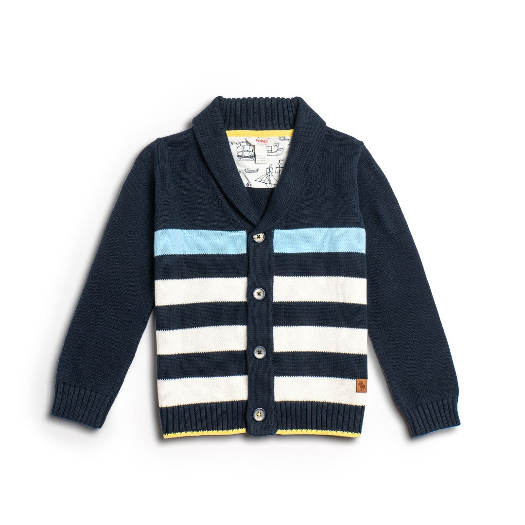 Navy Colour, Mariner Cardigan, white and blue stripe body, yellow rib-knit hem line. blue rib knit cuffs and neckband.