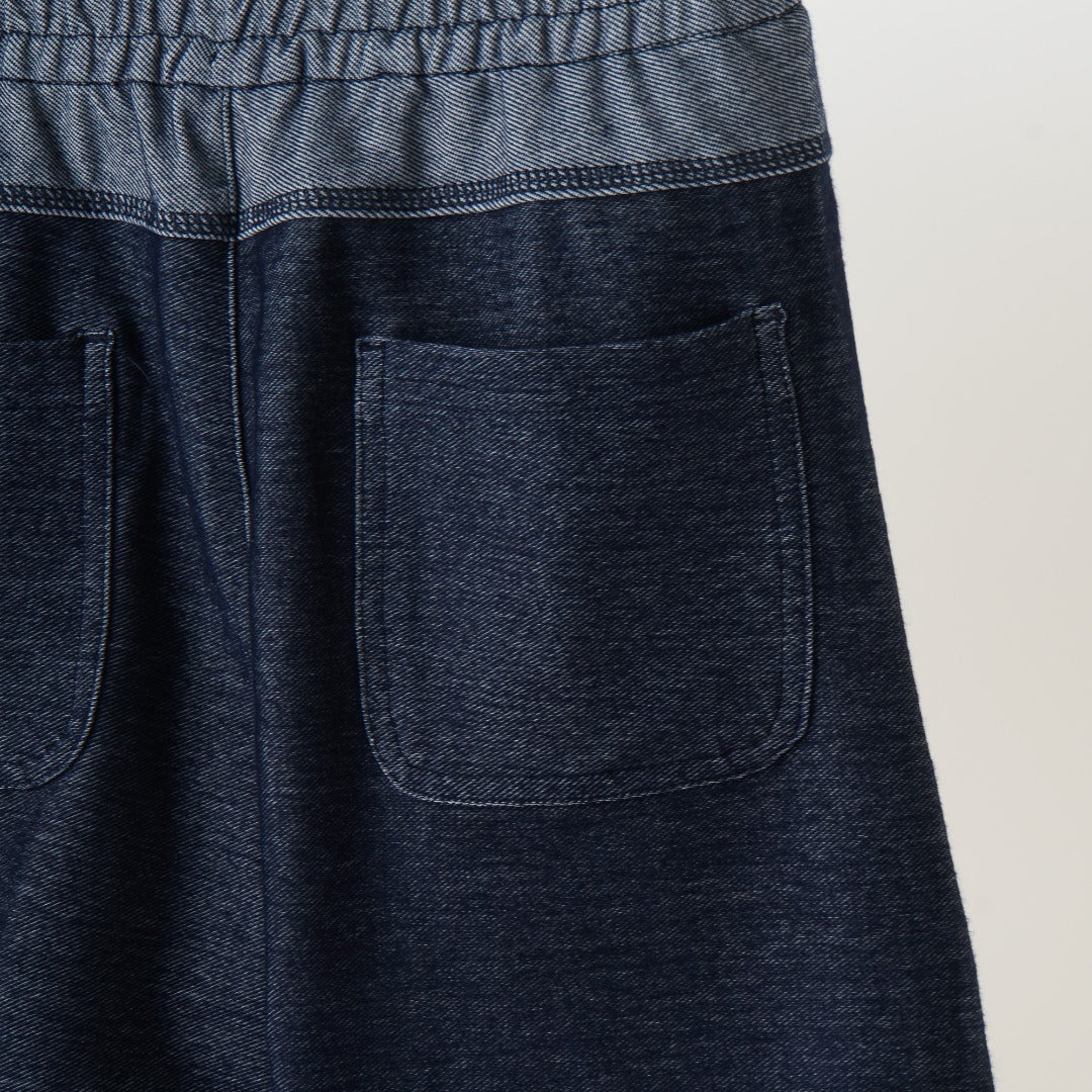 Denim Shorts, A stretchy waistband, two back pockets, a poney logo panel. 