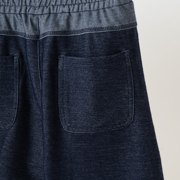 Denim Shorts, A stretchy waistband, two back pockets, a poney logo panel. 