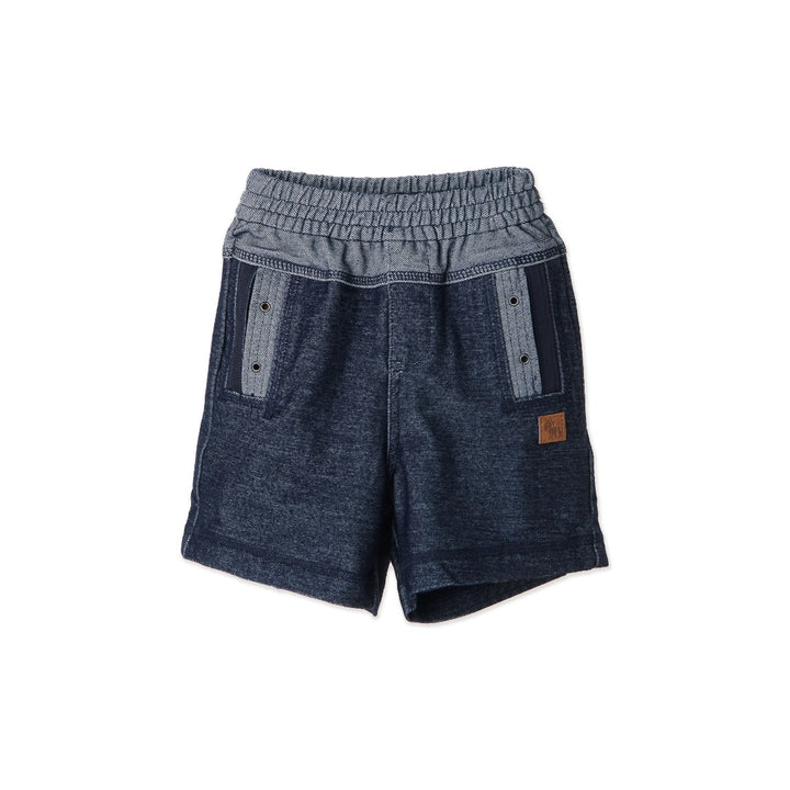 Denim Shorts, A stretchy waistband, two back pockets, a poney logo panel. 