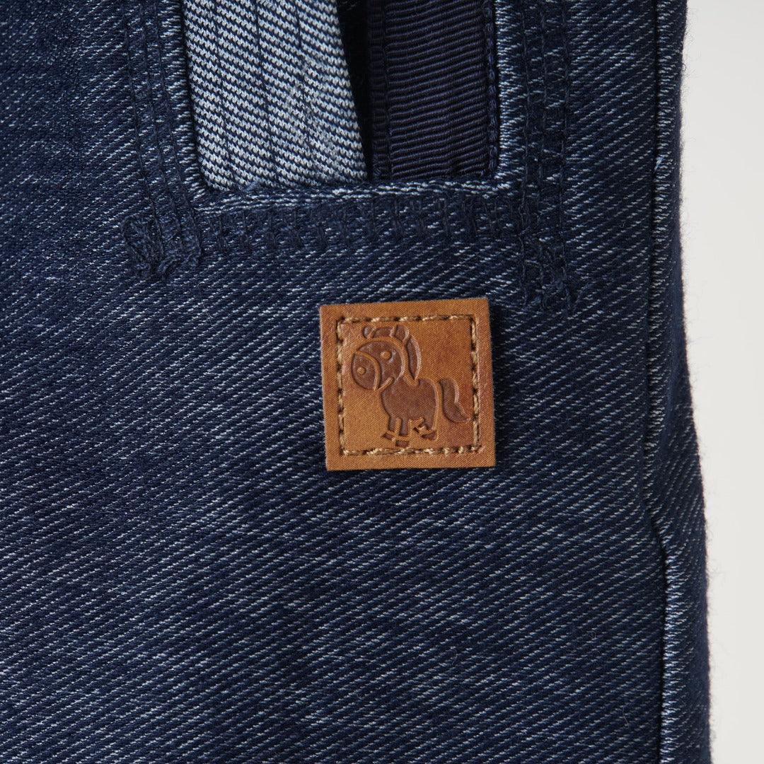 Denim Shorts, A stretchy waistband, two back pockets, a poney logo panel. 