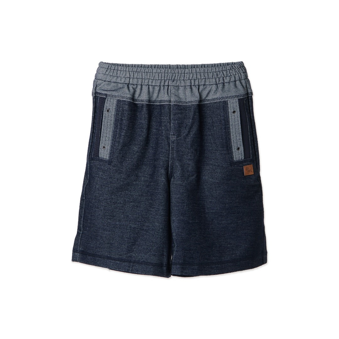 Denim Shorts, A stretchy waistband, two back pockets, a poney logo panel. 