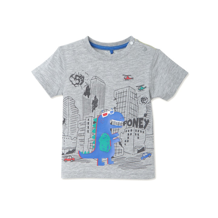  a cute top with a planet raiding godzilla wearing 3-D glasses. Double buttoned shoulder strap, short sleeves.