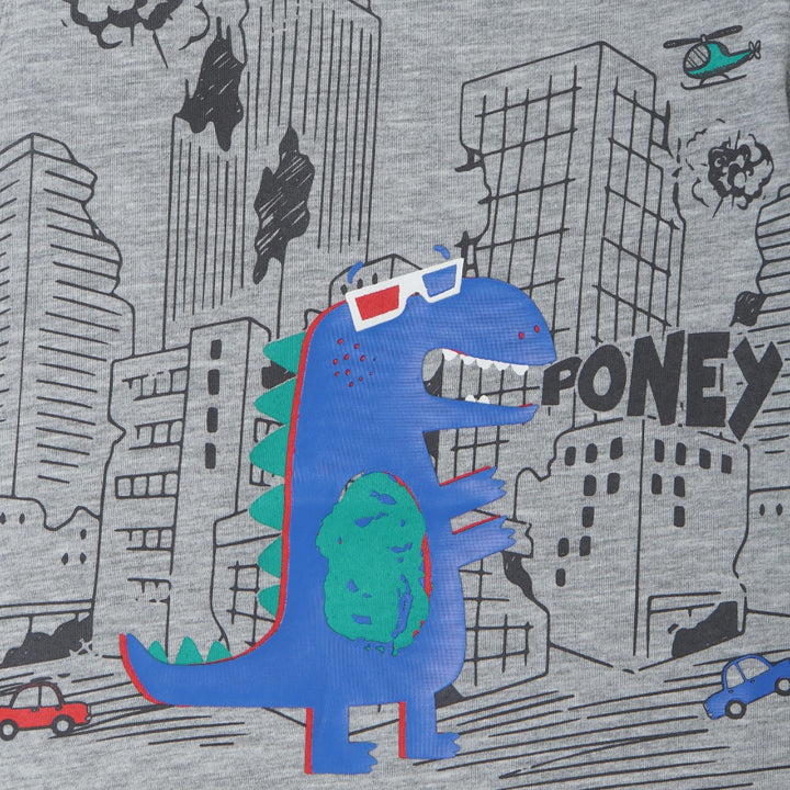  a cute top with a planet raiding godzilla wearing 3-D glasses. Double buttoned shoulder strap, short sleeves.