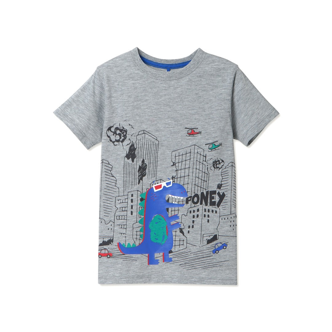  a cute top with a planet raiding godzilla wearing 3-D glasses. Double buttoned shoulder strap, short sleeves.