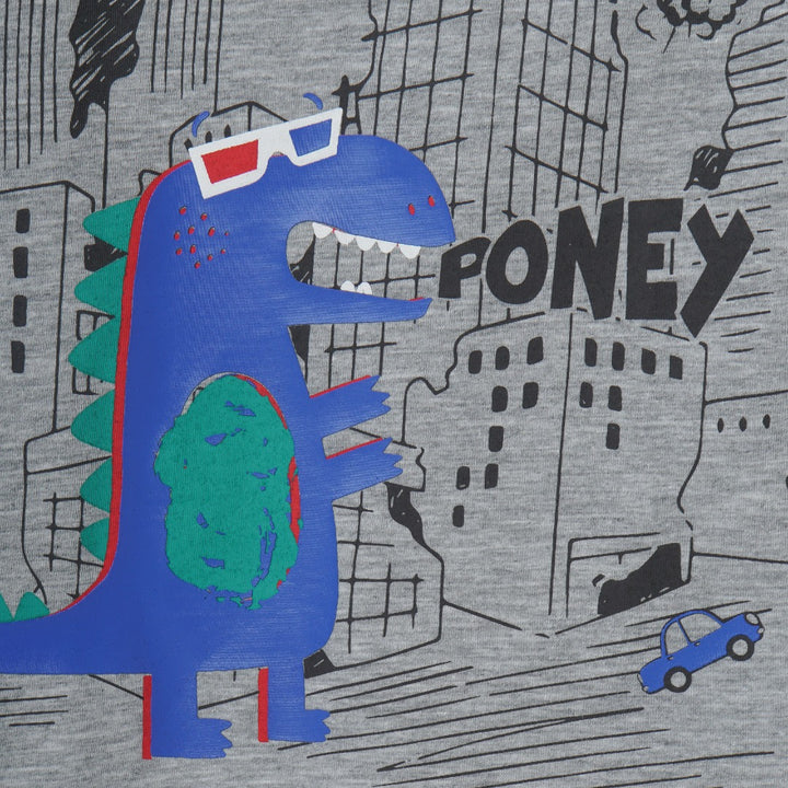  a cute top with a planet raiding godzilla wearing 3-D glasses. Double buttoned shoulder strap, short sleeves.