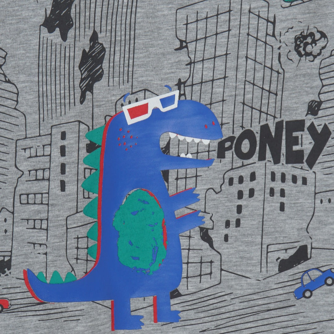  a cute top with a planet raiding godzilla wearing 3-D glasses. Double buttoned shoulder strap, short sleeves.