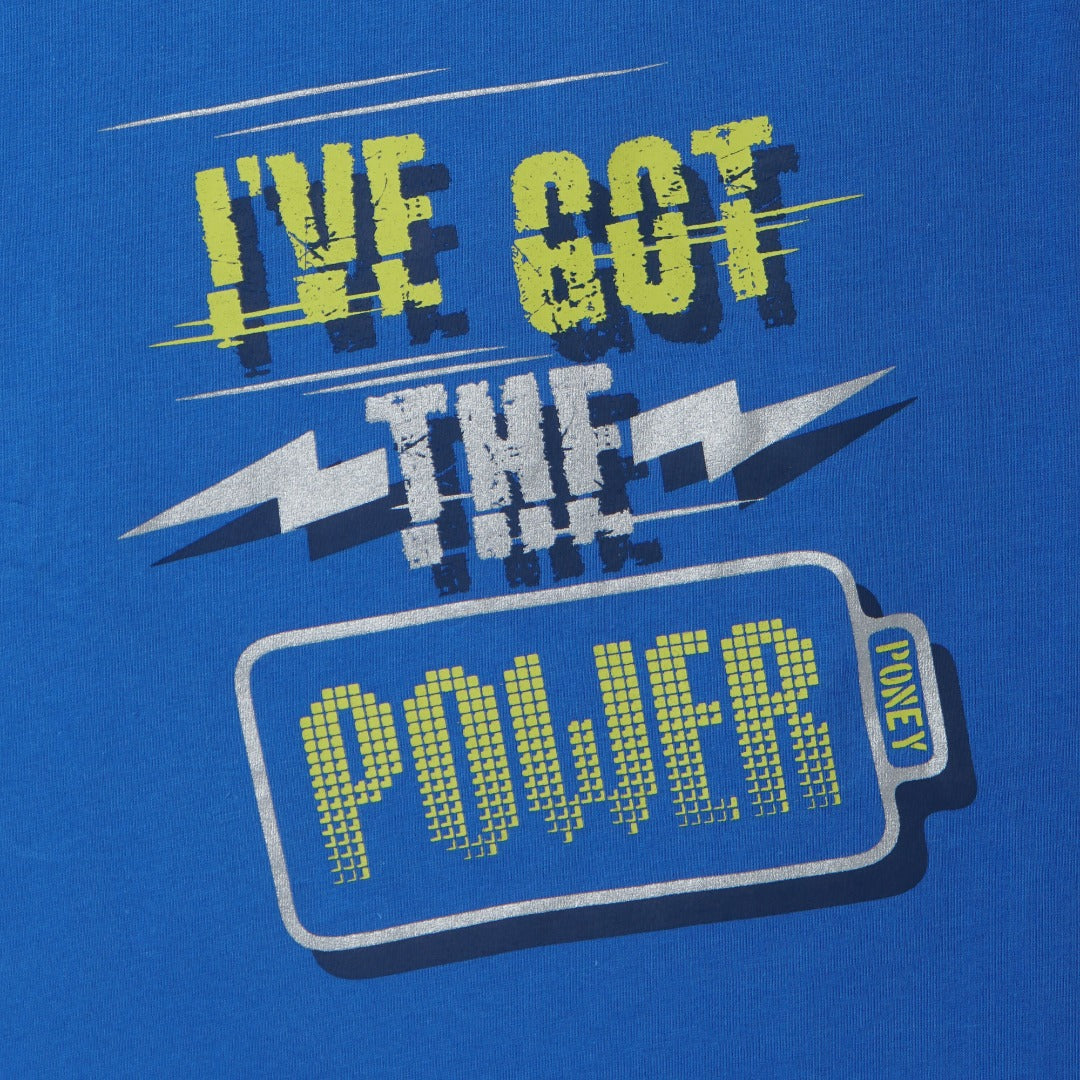 Blue short sleeve top, double button fastening, distinctive inner finish. 'Ive got the power' caption emboss printed.