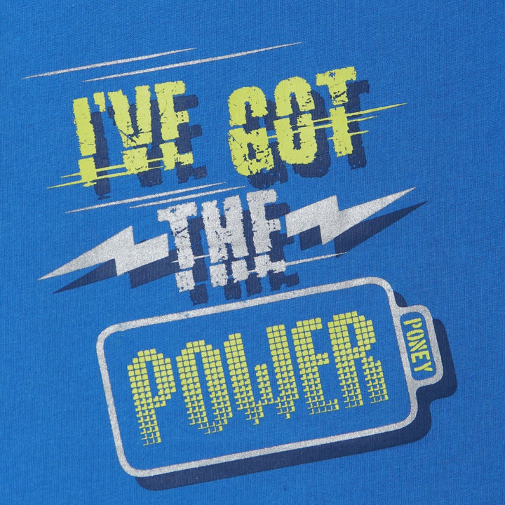 Blue short sleeve top, double button fastening, distinctive inner finish. 'Ive got the power' caption emboss printed.