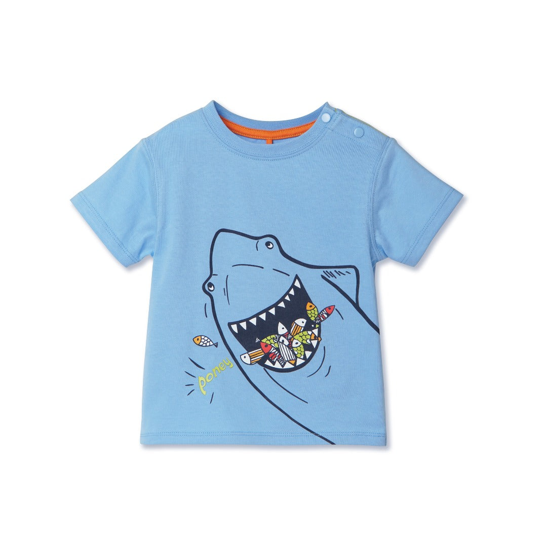 cute fish loving shark print, light blue, short sleeve top, and buttoned shoulder straps.