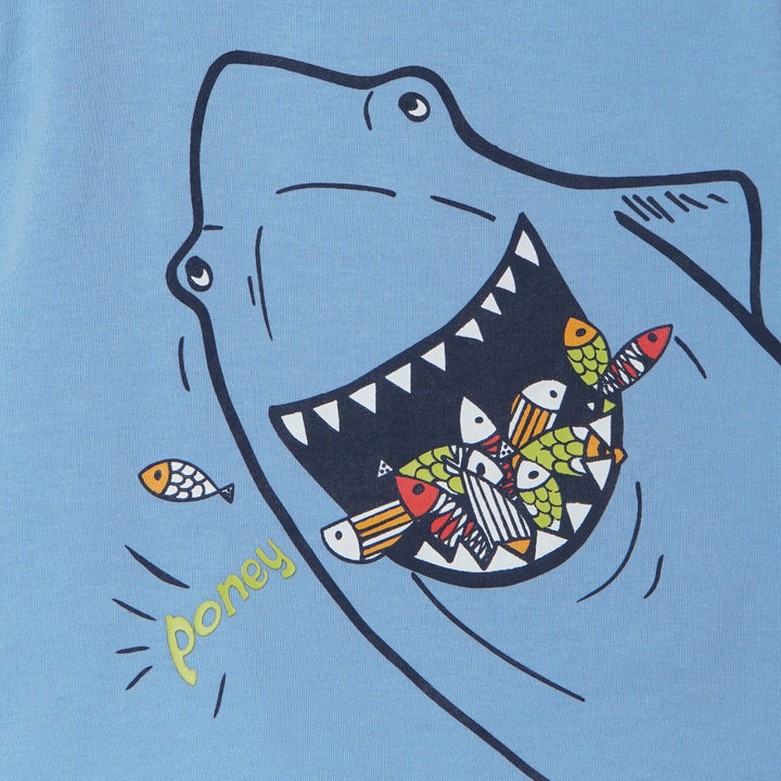 cute fish loving shark print, light blue, short sleeve top, and buttoned shoulder straps.