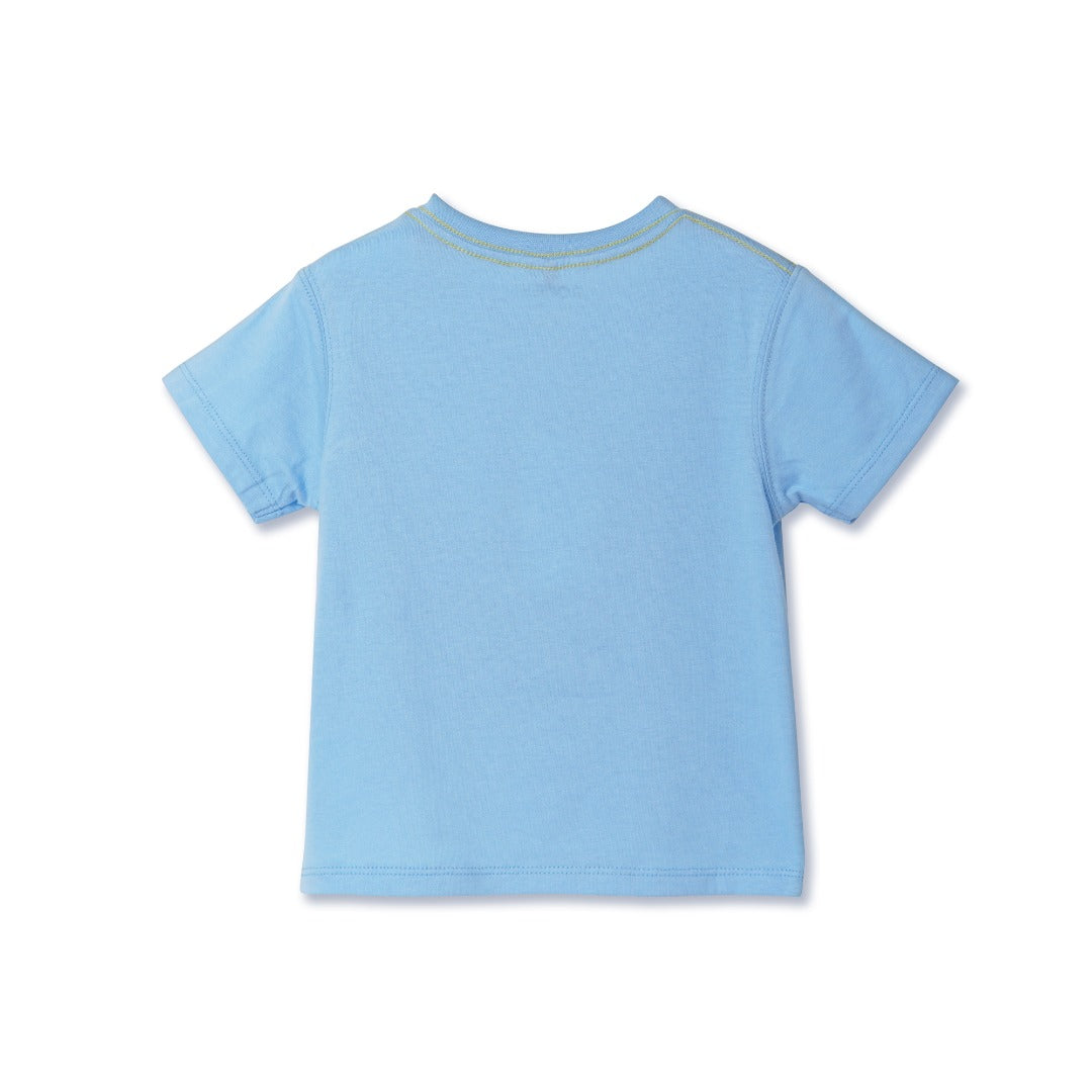 cute fish loving shark print, light blue, short sleeve top, and buttoned shoulder straps.