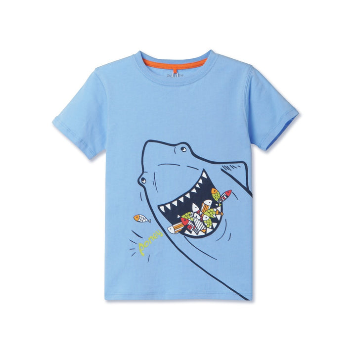 cute fish loving shark print, light blue, short sleeve top, and buttoned shoulder straps.