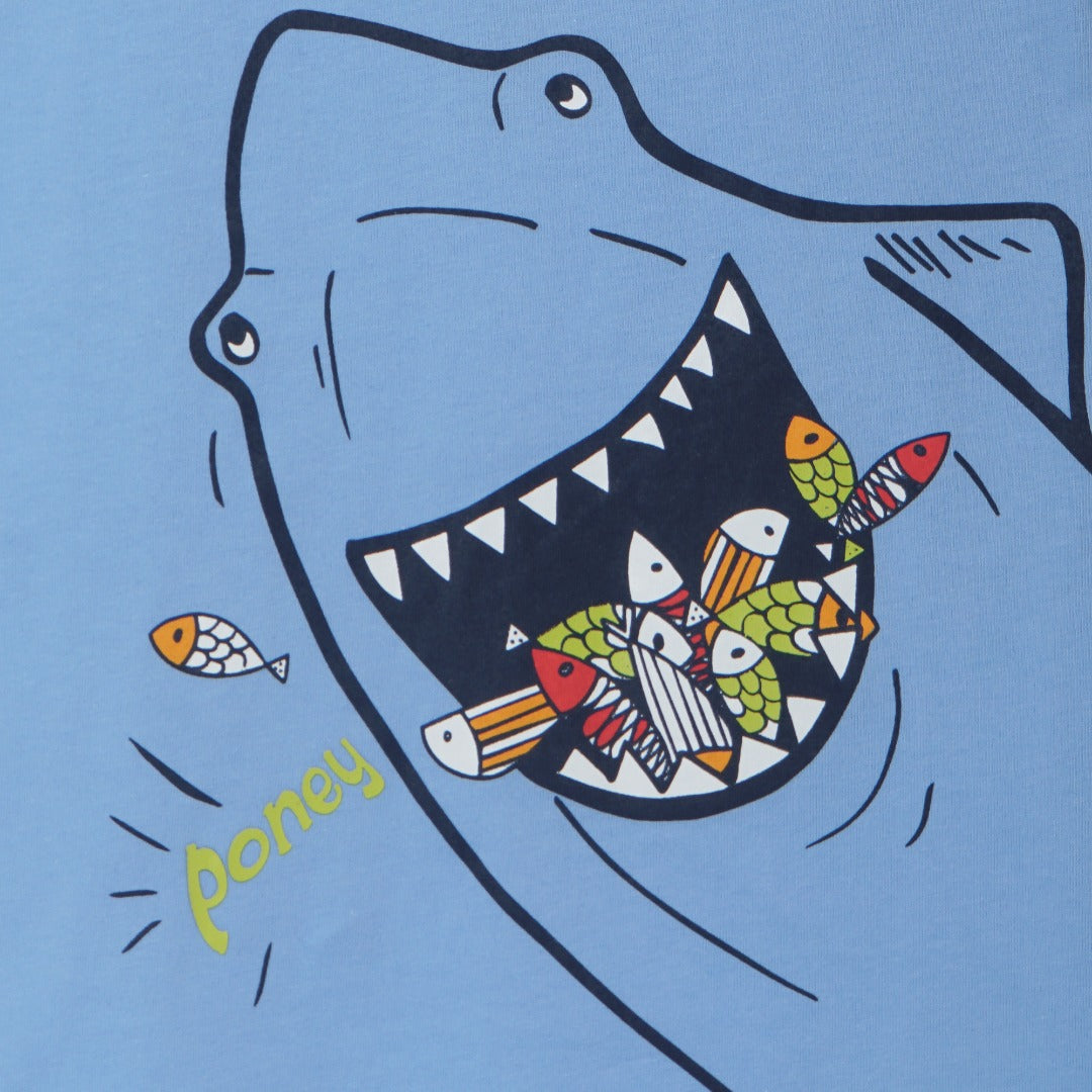 cute fish loving shark print, light blue, short sleeve top, and buttoned shoulder straps.