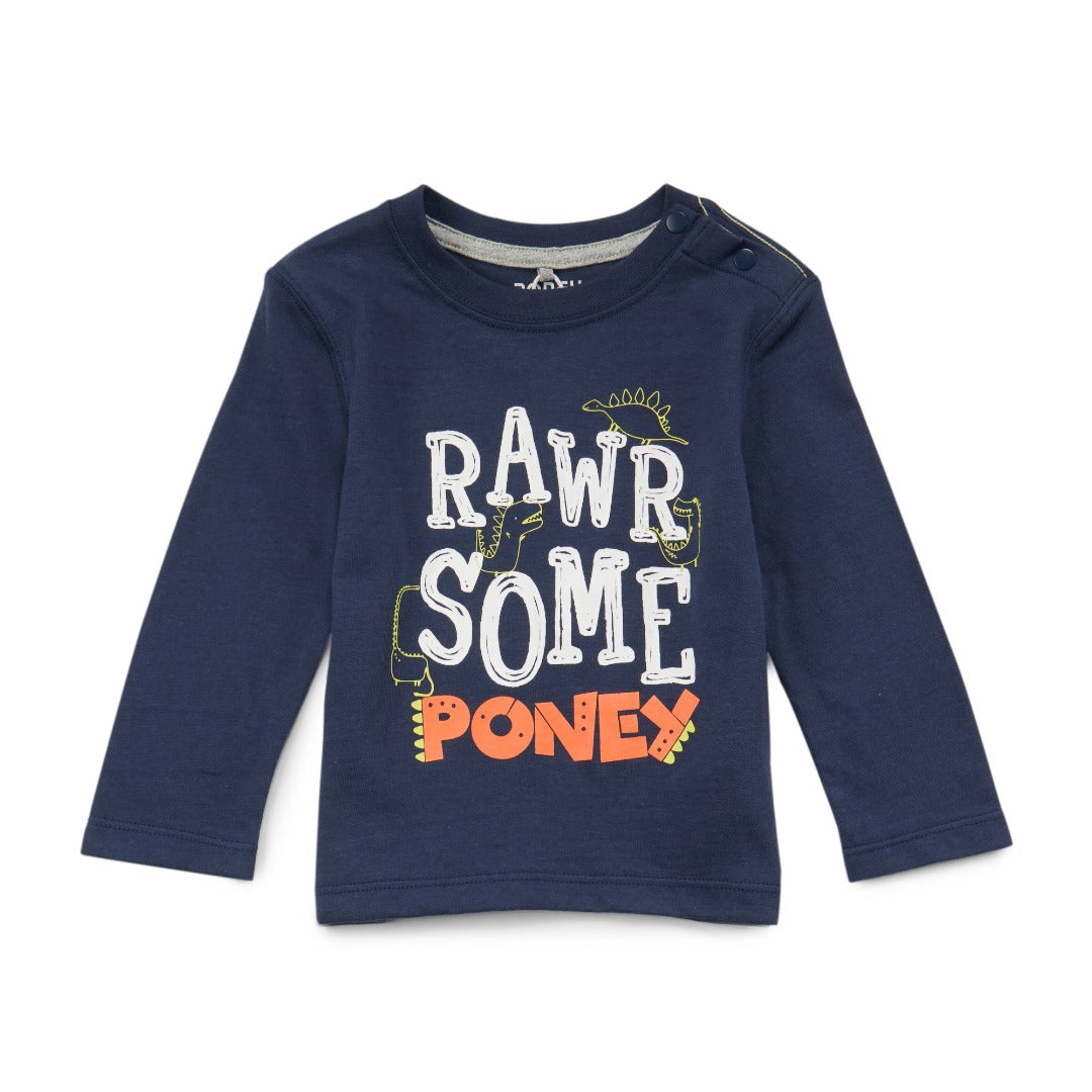 Navy 'Rawrsome Poney' theme, long sleeve top, double buttoned shoulder strap. 