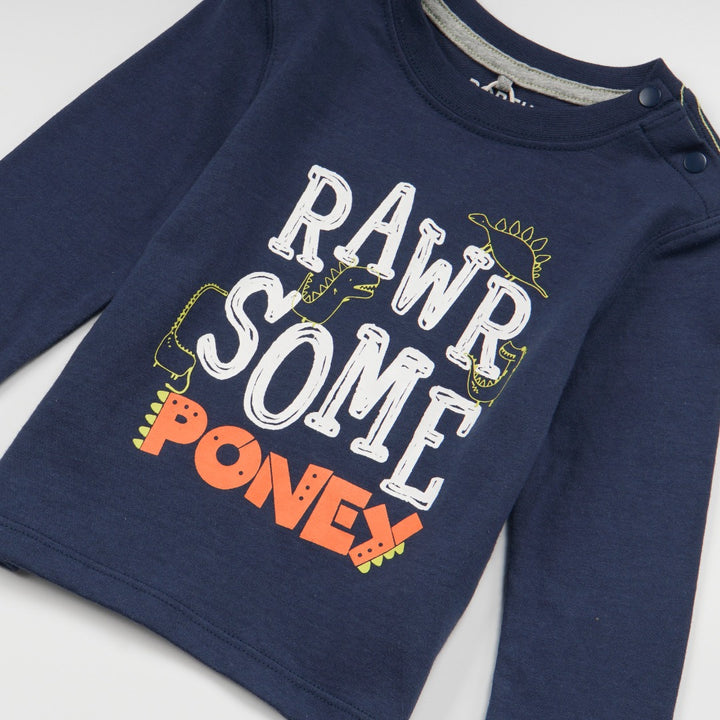 Navy 'Rawrsome Poney' theme, long sleeve top, double buttoned shoulder strap. 