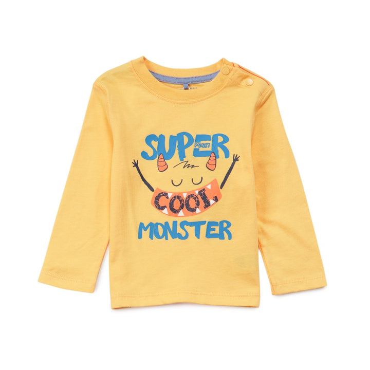 'Super Cool Monster' printed, yellow top, long sleeves, shoulder buttons. 