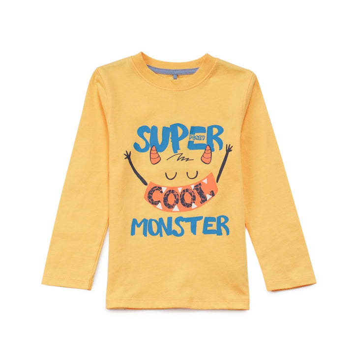 'Super Cool Monster' printed, yellow top, long sleeves, shoulder buttons. 