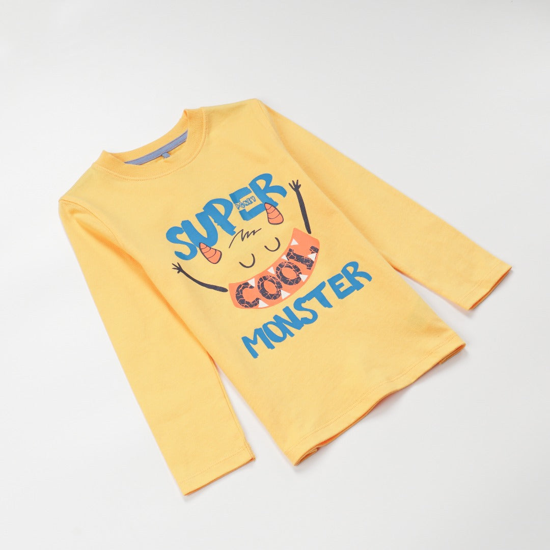 'Super Cool Monster' printed, yellow top, long sleeves, shoulder buttons. 