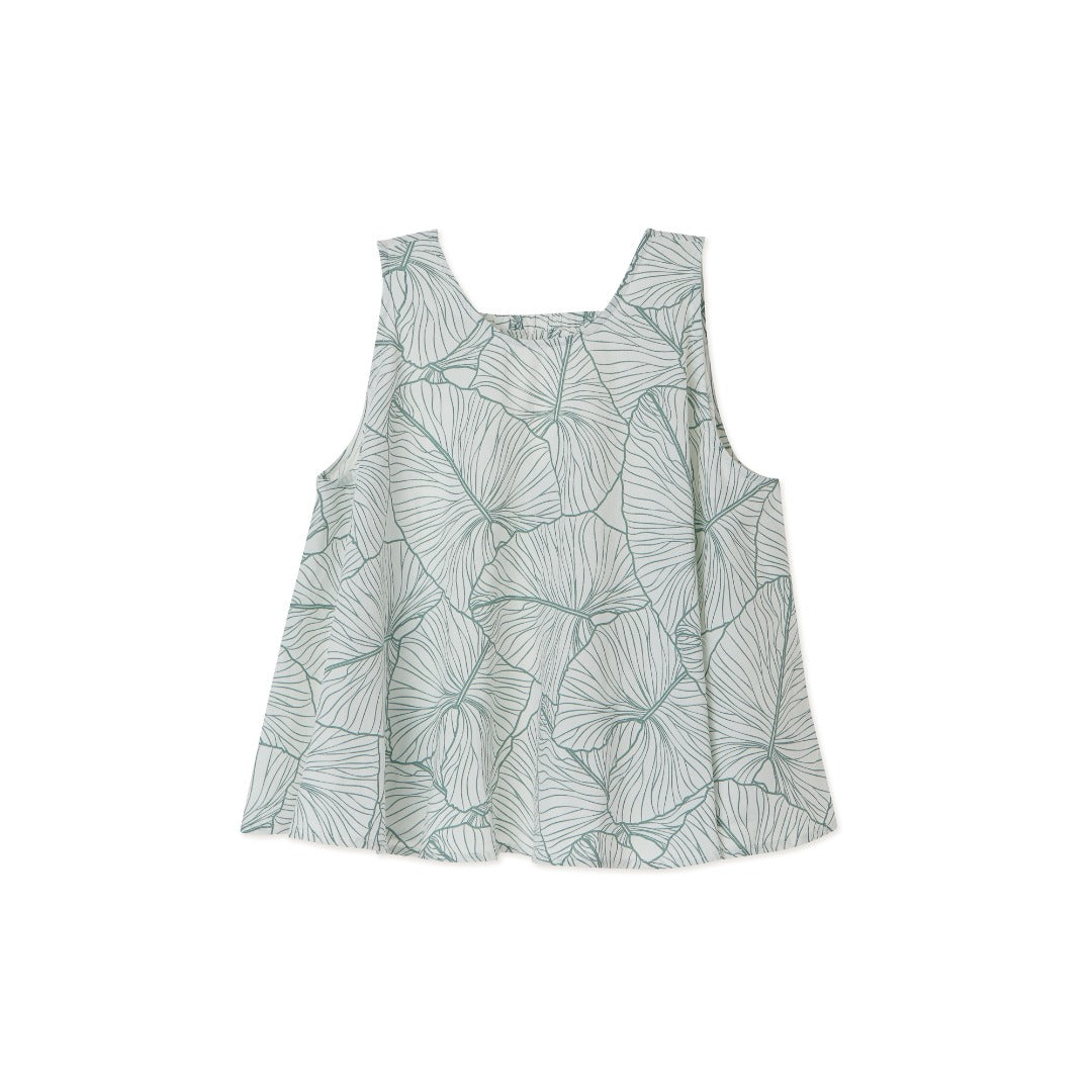 Lotus theme, sleeveless blouse, v-shaped nape connected with an elasticated back strap. 