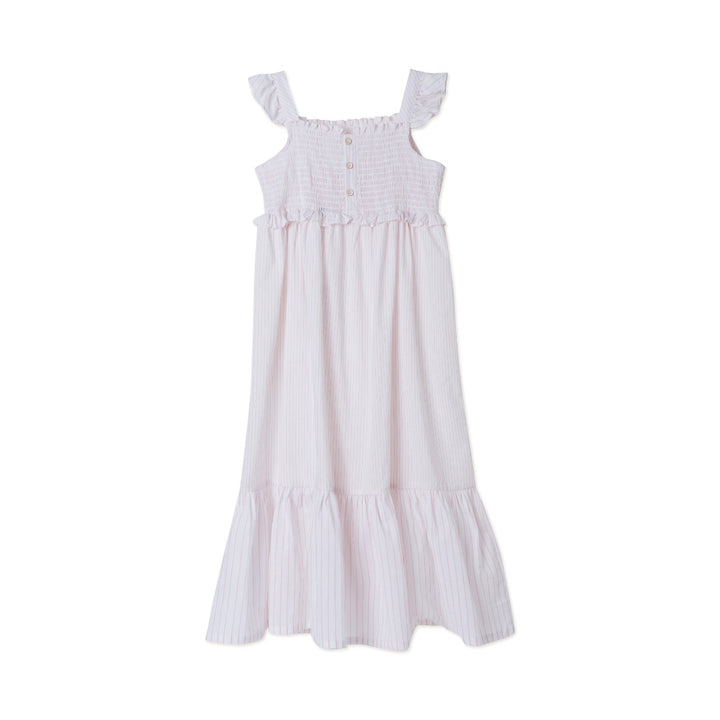 Pink Long Dress, Roche gathering, Button fastenings at the back, Sleeveless frilled straps.