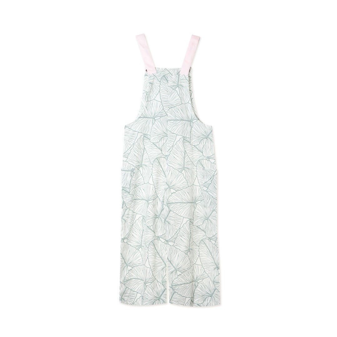 Lotus leaf themed dungaree, pink straps. Side zipper fastening included. 