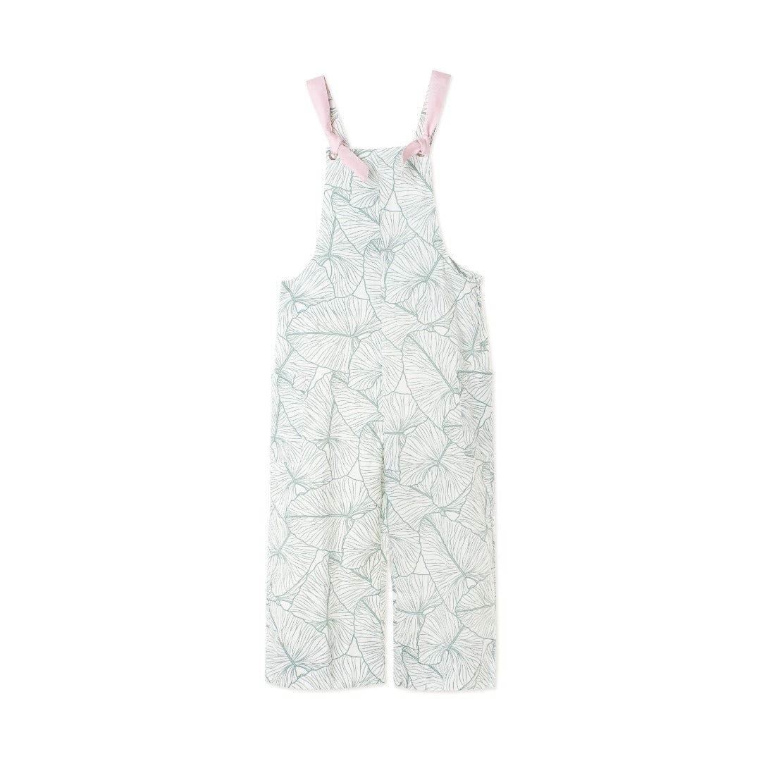 Lotus leaf themed dungaree, pink straps. Side zipper fastening included. 