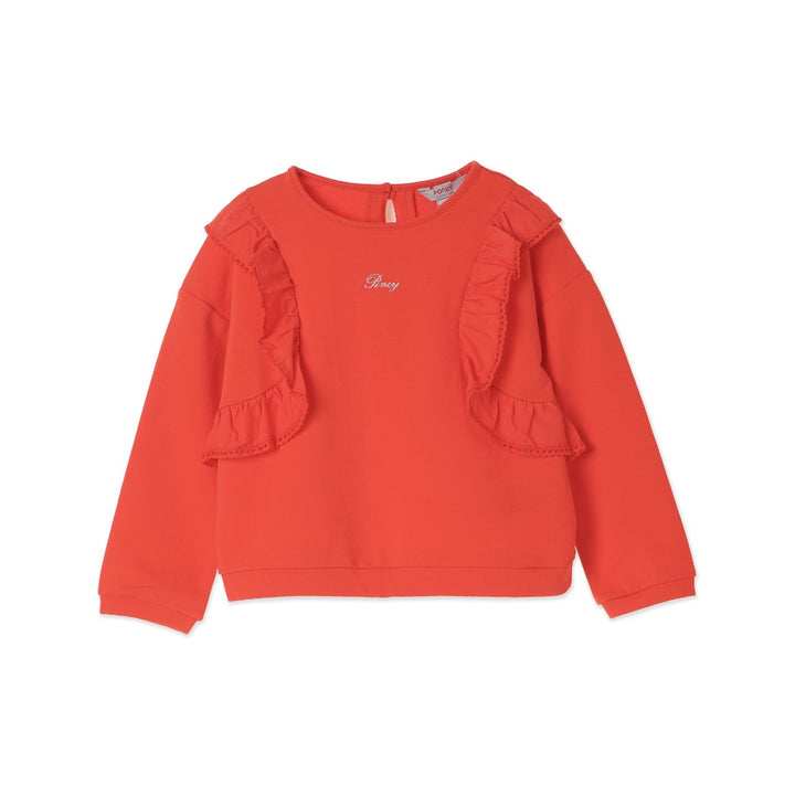 Red, Long sleeve, Lacy sweatshirt with a buttoned nape. 