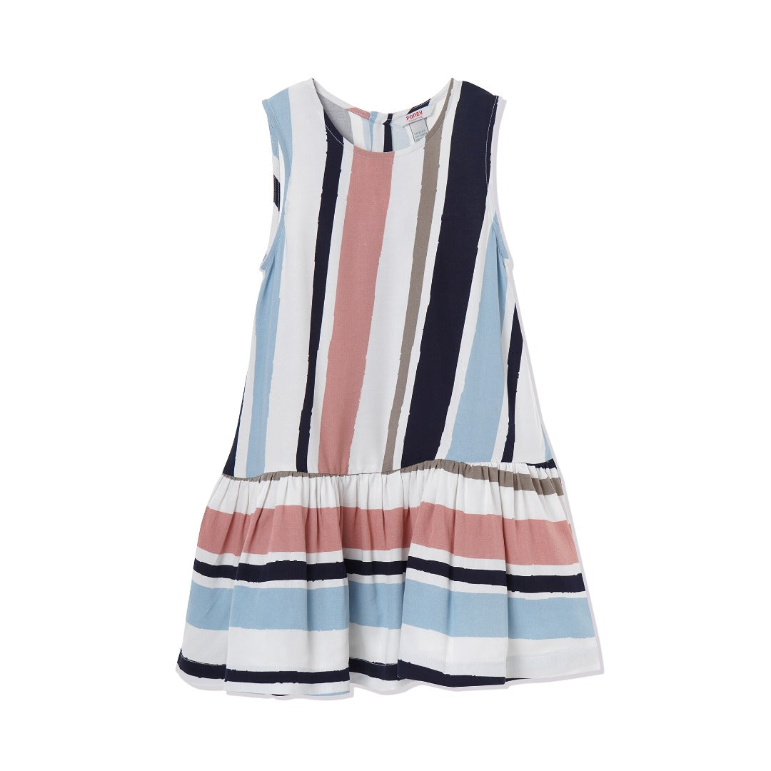 A solid striped dress with a long bodice and a frilly skirt attached. Buttoned at the back, sleeveless dress in muted pink, blue and black solid lines. 