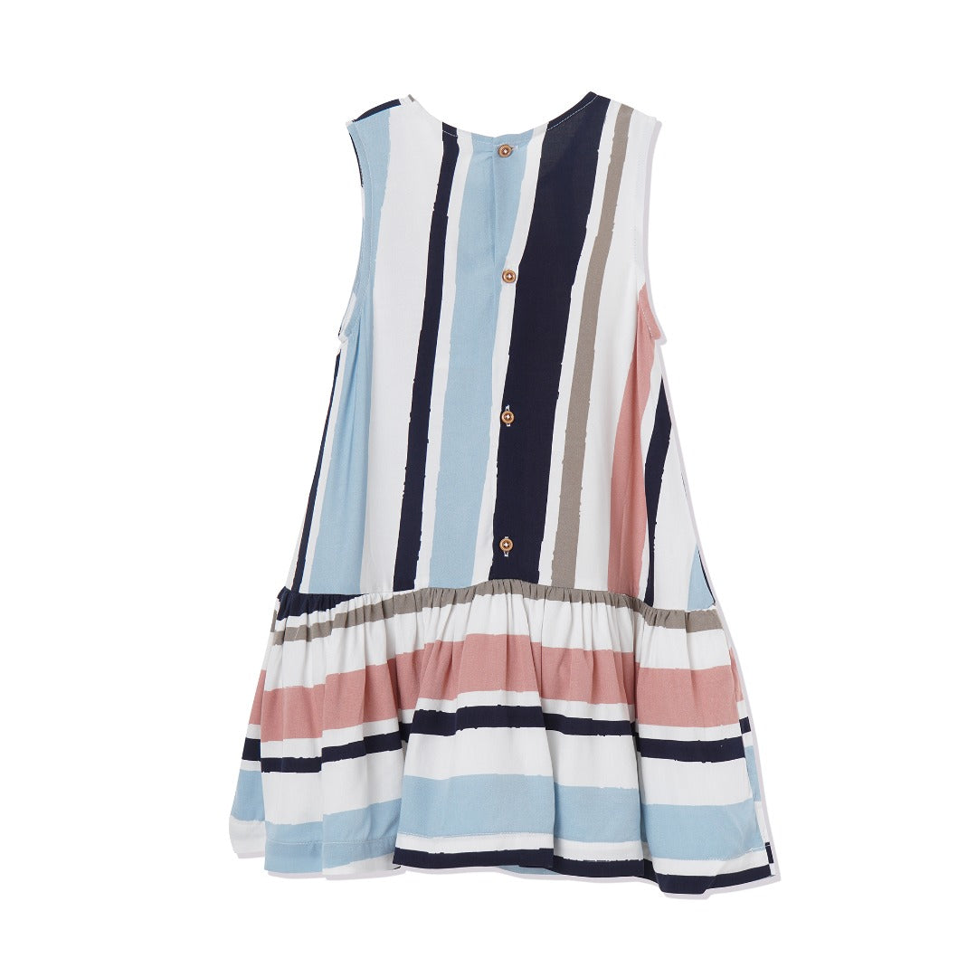 A solid striped dress with a long bodice and a frilly skirt attached. Buttoned at the back, sleeveless dress in muted pink, blue and black solid lines. 