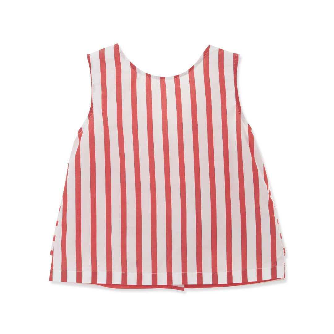 Red striped, sleeveless blouse, with a fancy large bow, zipper on the side.