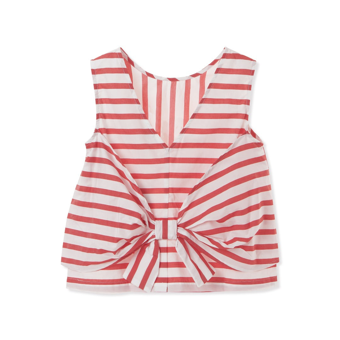 Red striped, sleeveless blouse, with a fancy large bow, zipper on the side.