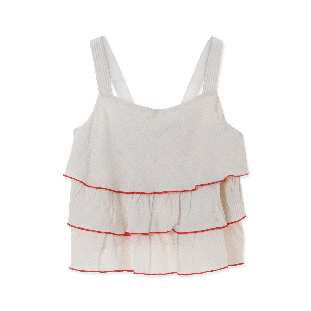 A Multi-layered and ruffled spaghetti strap blouse with red highlights buttoned at the front. 