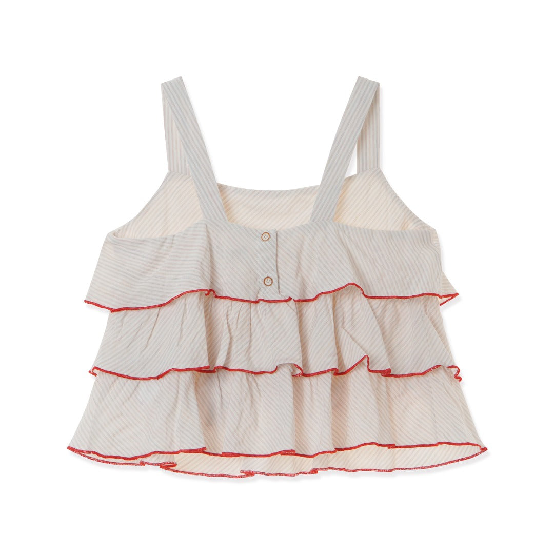 A Multi-layered and ruffled spaghetti strap blouse with red highlights buttoned at the front. 