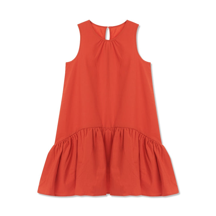 Red sleeveless Dress Long upper rounded bodice attached with a loose frilly lower skirt V-neck with a buttoned nape at the back.