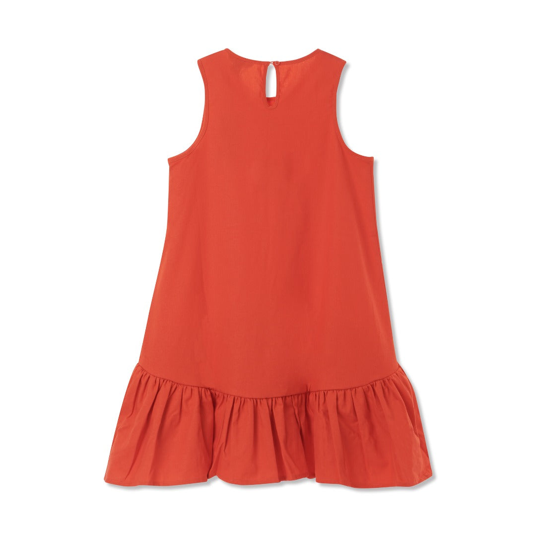 Red sleeveless Dress Long upper rounded bodice attached with a loose frilly lower skirt V-neck with a buttoned nape at the back.