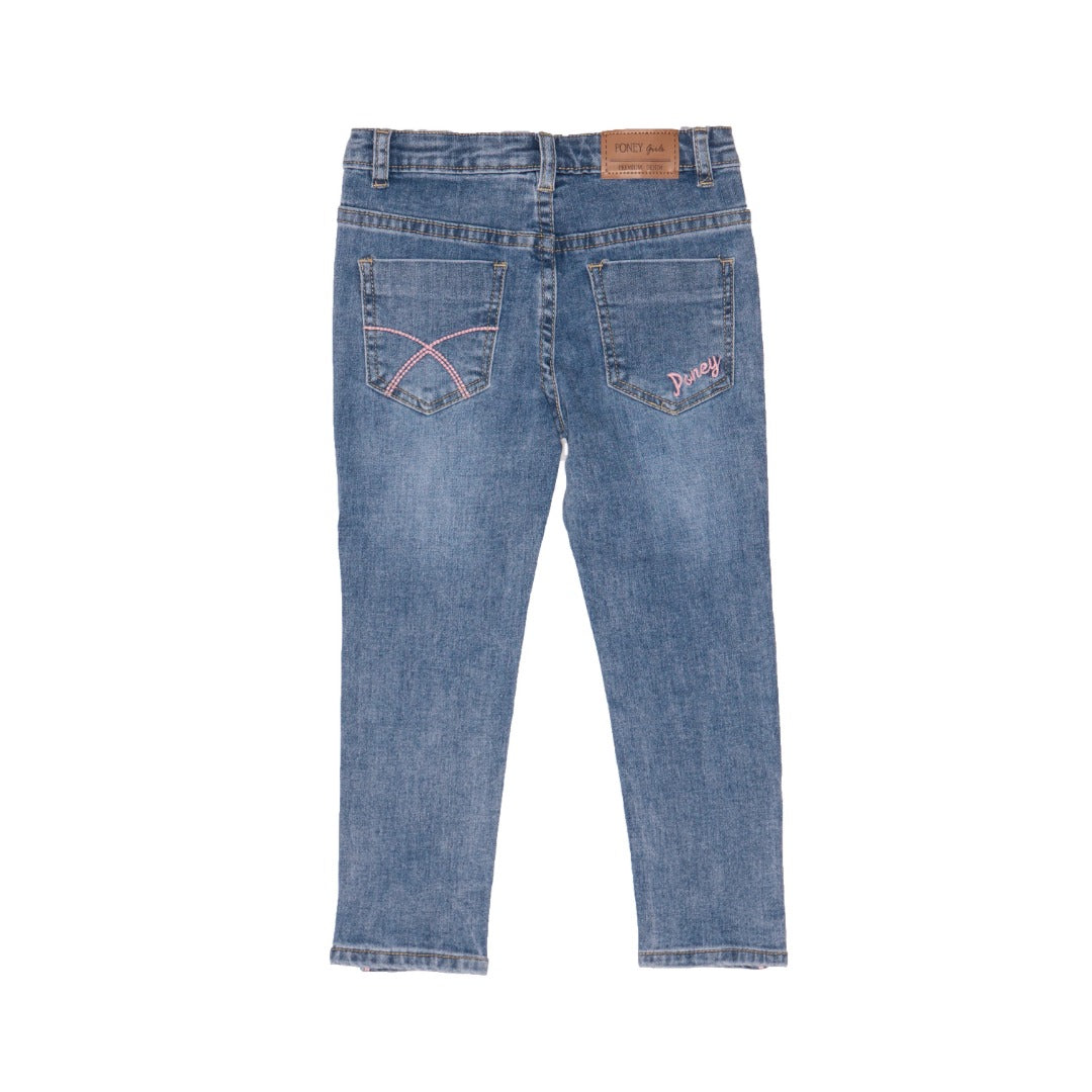 Royal Blue Jeans, Pink Stripes on each side, distressed and faded effect, front and back pockets embroidered, a pink logo button and zipper included.