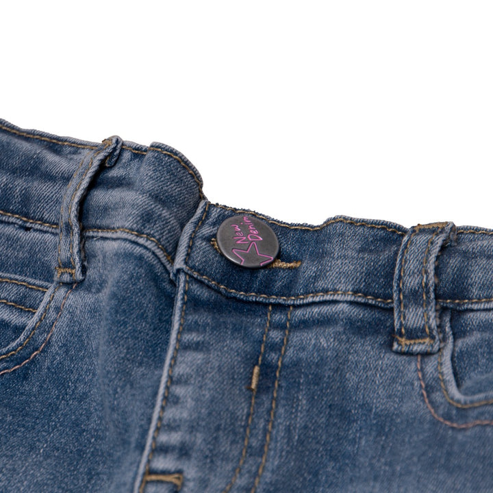 Royal Blue Jeans, Pink Stripes on each side, distressed and faded effect, front and back pockets embroidered, a pink logo button and zipper included.