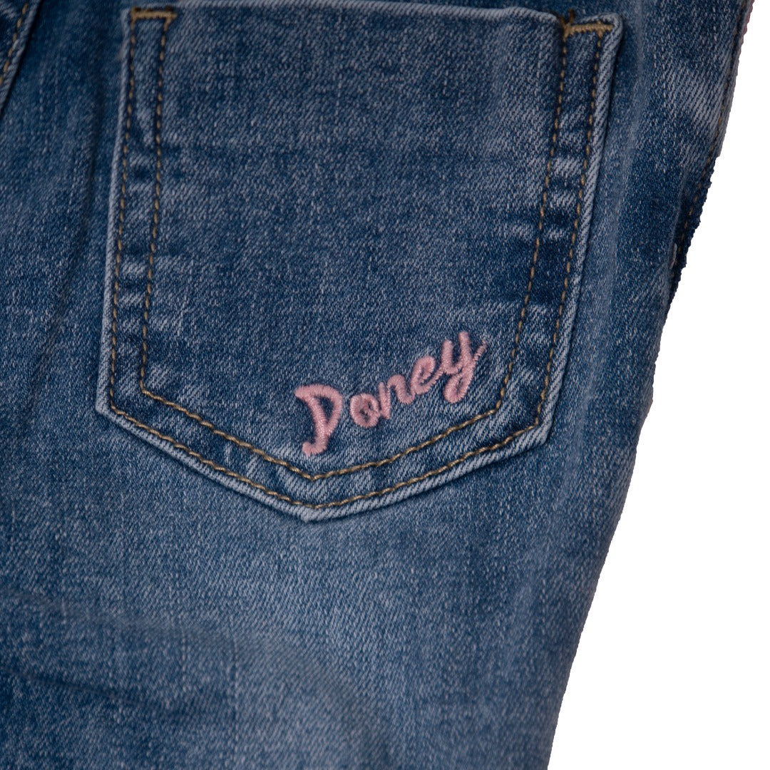 Royal Blue Jeans, Pink Stripes on each side, distressed and faded effect, front and back pockets embroidered, a pink logo button and zipper included.