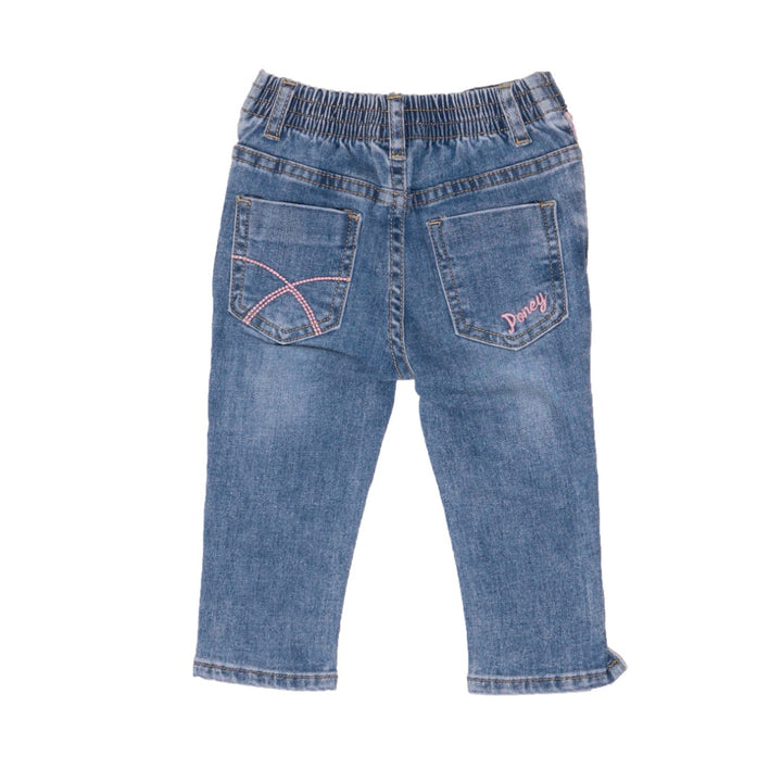 Royal Blue Jeans, Pink Stripes on each side, distressed and faded effect, front and back pockets embroidered, a pink logo button and zipper included.