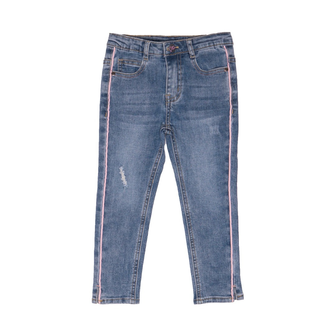 Royal Blue Jeans, Pink Stripes on each side, distressed and faded effect, front and back pockets embroidered, a pink logo button and zipper included.