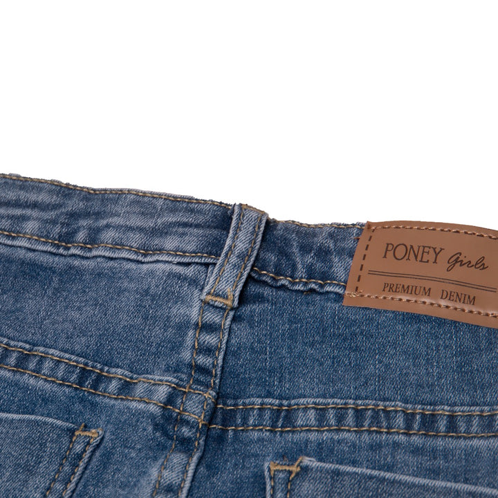 Royal Blue Jeans, Pink Stripes on each side, distressed and faded effect, front and back pockets embroidered, a pink logo button and zipper included.