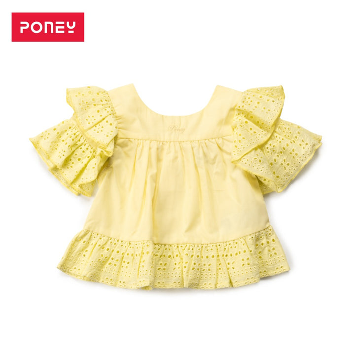 Double frilled sleeves and hem blouse, buttons at the front. Embroidered poney logo below the neck. 